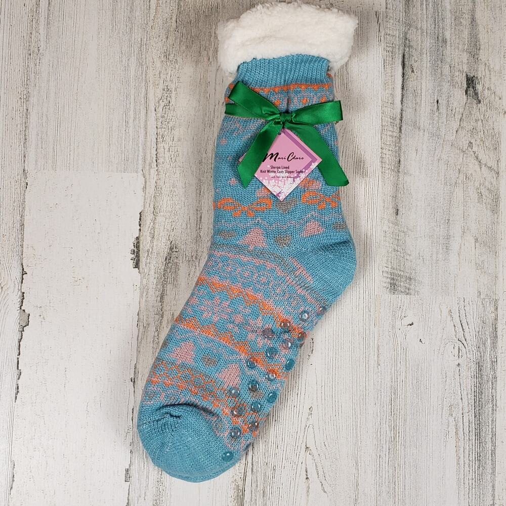 NWT Mari Clare Sherpa Lined Knit Winter Holiday Design No-Slip Slipper Socks